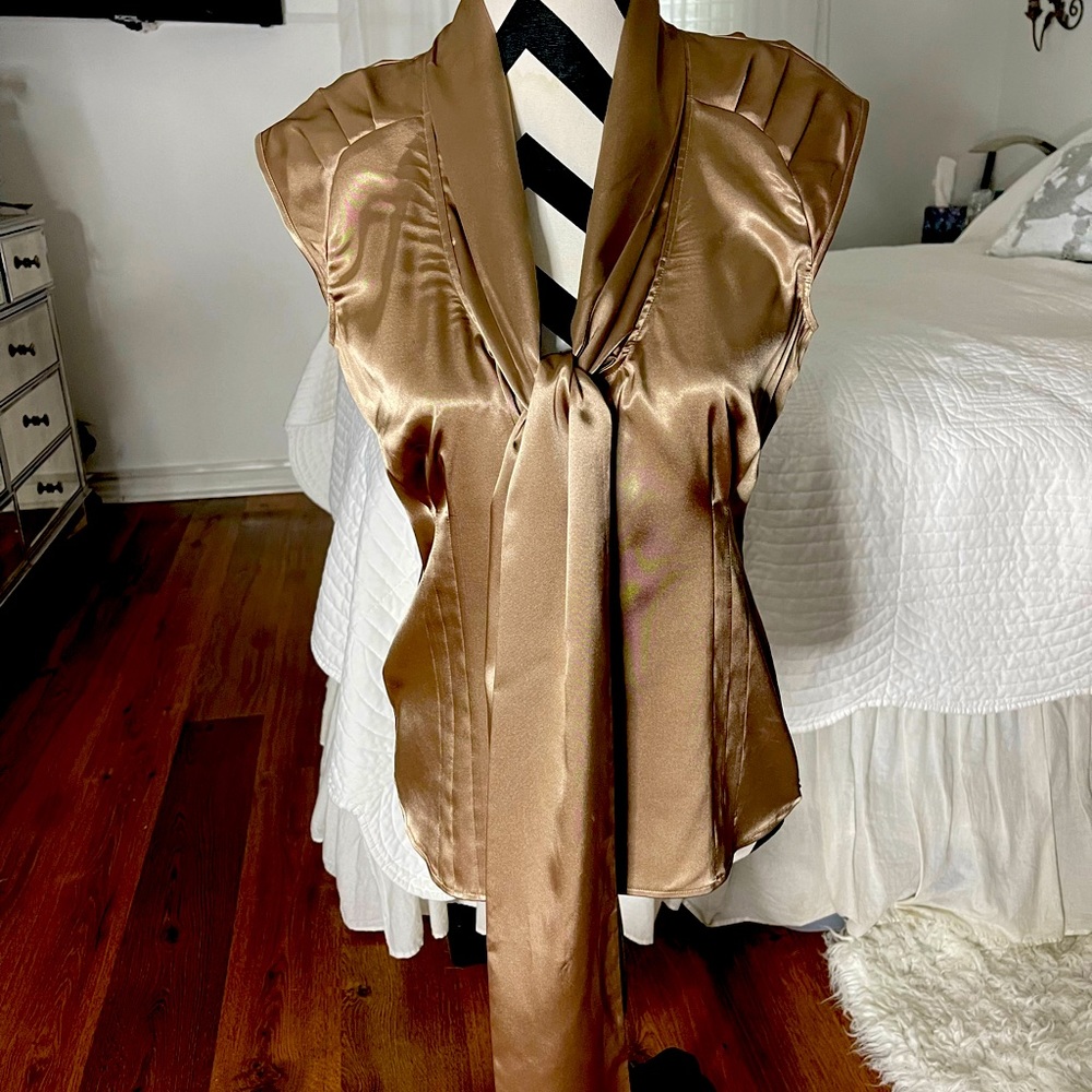 Glamorous Gold, satiny pussy bow form fitting blouse.